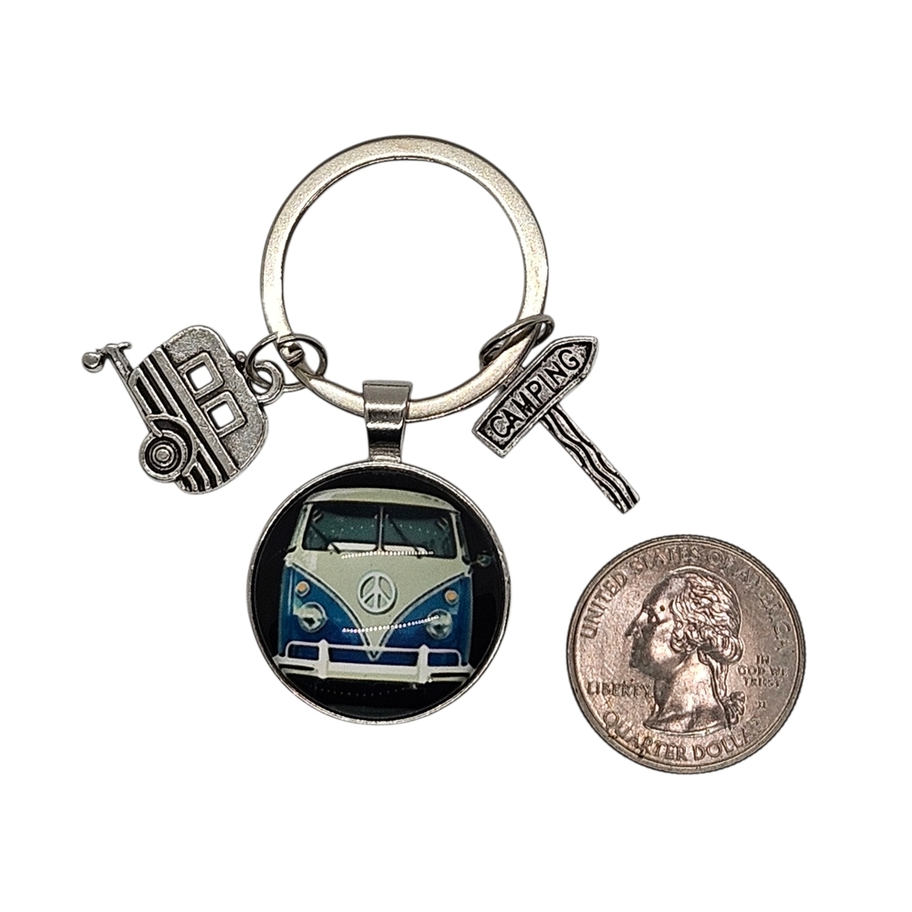 Keychain Retro Van Blue Volkswagen Bus Peace Sign - Picture 4 of 8